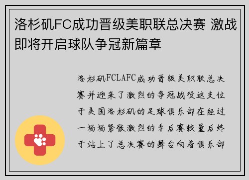 洛杉矶FC成功晋级美职联总决赛 激战即将开启球队争冠新篇章
